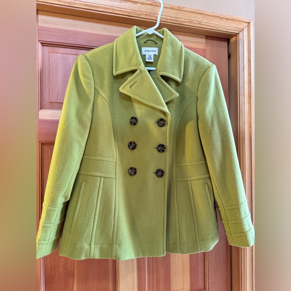 St John’s Bay Lime Green Pea Coat Size L Petite